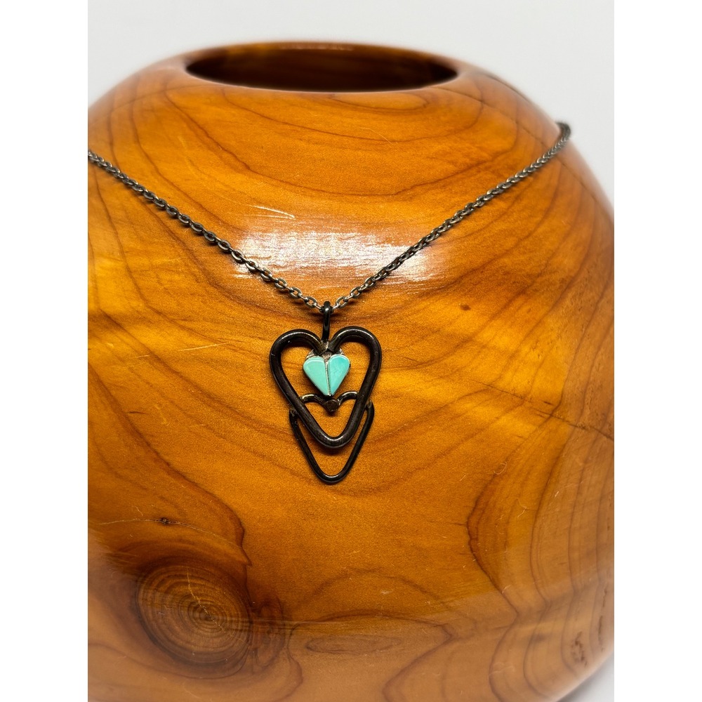 Vintage Turquoise Heart Necklace Dainty Chain Silver Tone Southwestern Style